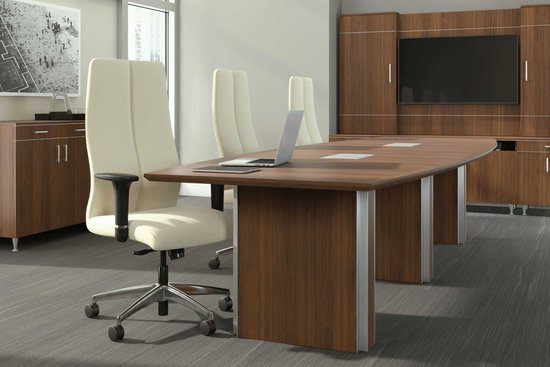 Bravado conference table, media wall and credenza with Tyler swivel seating