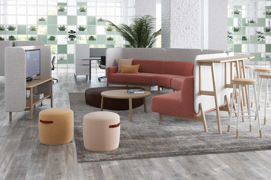 Cāav modular privacy lounge with stand-up surfaces and media credenza, Indie poufs and occasional tables