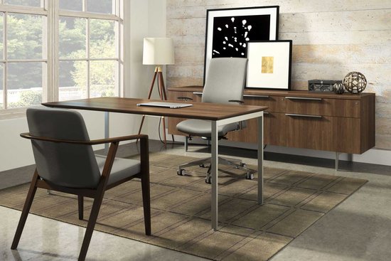 FLUX TABLE DESK AND STORAGE CREDENZA WITH PROXY SWIVEL AND BOURNE GUEST SEATING