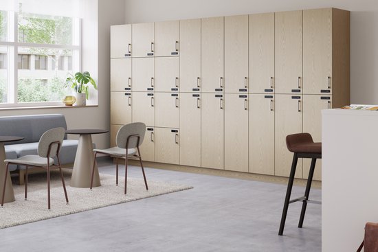 Forge lockers with Bourne stools, Reef table, Cāav lounge, Moto tables and Bryn guest seating