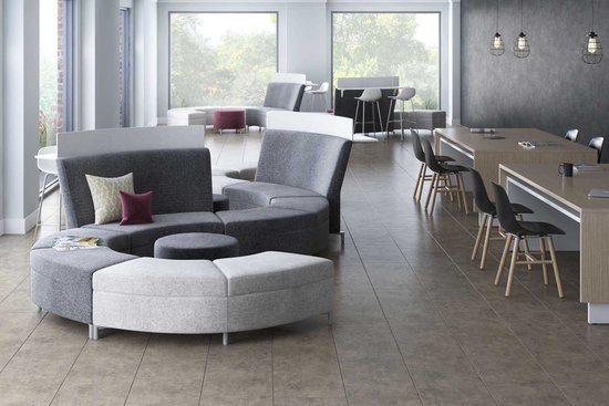 Ziva modular lounge and stand-up surfaces with Wink seating and Reef tables